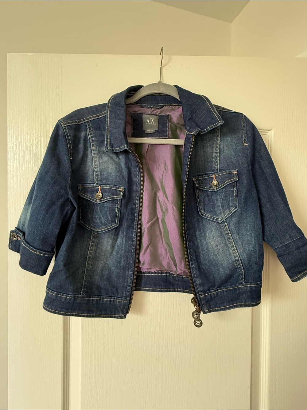 Armani Exchange Dark Blue Denim Jacket with Purple Lining - cropped